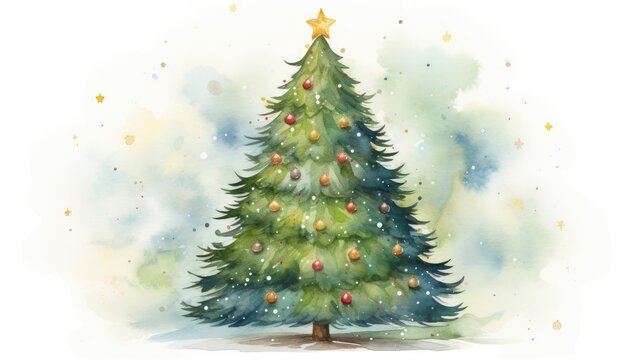  a watercolor painting of a christmas tree with a star on top of it and snowing on the ground.