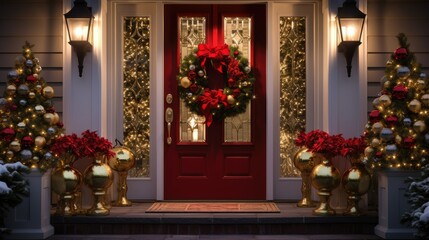  a red front door decorated with christmas wreaths and poinsettis and a red door with a wreath on it.