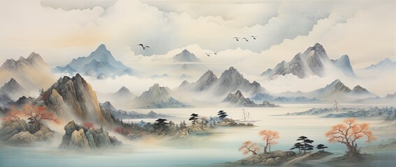 Tranquil Oriental Landscape Painting with Mountains, River, and Sky - obrazy, fototapety, plakaty