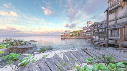 島の突端にある集落　3DCG レンダリング © tsuneomp