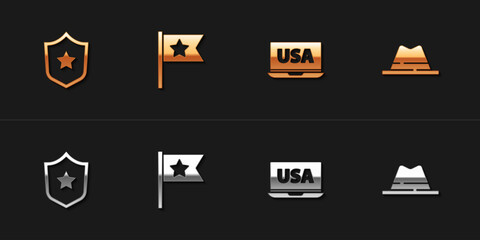 Set Police badge, American flag, USA on laptop and Man hat with ribbon icon. Vector