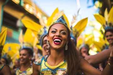 Zelfklevend Fotobehang Carnaval Woman celebrating carnival in the streets, in a parade