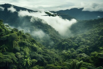 Airplane flying over a lush, tropical rainforest
