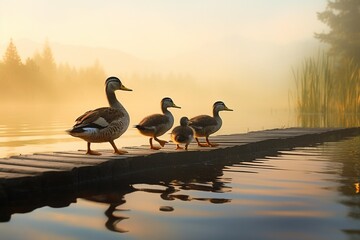 A family of ducks crossing a floating wooden walkway on a tranquil lake