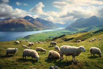 Obraz premium A flock of sheep grazing peacefully on a hillside with distant mountains