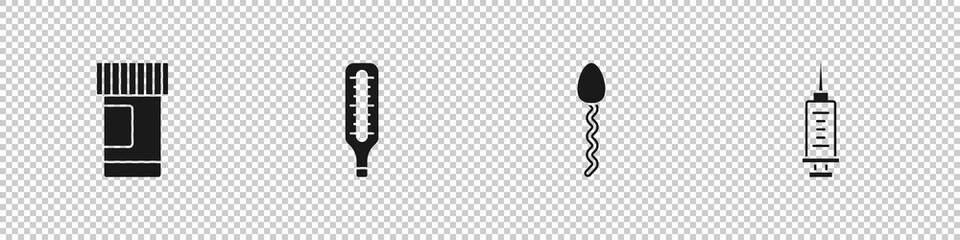 Set Medicine bottle and pills, Medical thermometer, Sperm and Syringe icon. Vector
