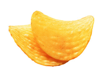 Two potato chips closeup isolated on transparent background cutout PNG