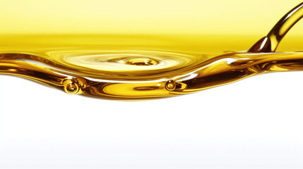 Beautiful golden yellow cooking oil or honey is poured into the picture from above against a white background
