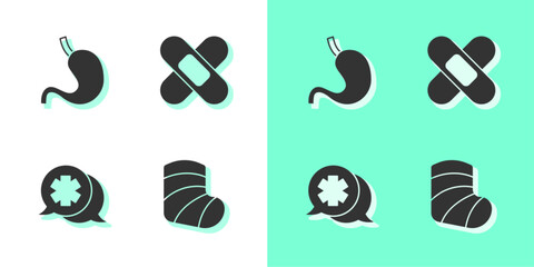 Set Gypsum, Human stomach, Dialogue with the doctor and Crossed bandage plaster icon. Vector