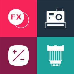 Set pop art Camera photo lens, Exposure compensation, Photo camera and fx icon. Vector