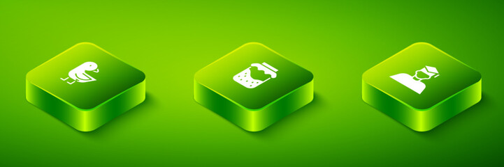 Set Isometric Jam jar, Graduate and graduation cap and Little chick icon. Vector