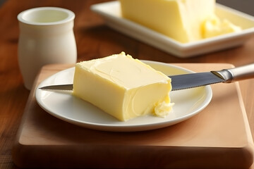 piece of butter and milk cheese on the table. Table knife and breakfast serving