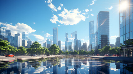Modern skyscrapers made of glass and metal, creating a beautiful cityscape from the water against the blue sky with clouds, 3D rendering, the concept of a comfortable metropolis life. - Powered by Adobe