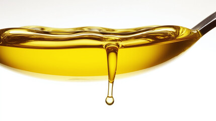 Beautiful golden yellow cooking oil or honey is poured into the picture from above against a white background

