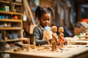 African-American girl makes a wooden doll sitting at a table in a workshop - obrazy, fototapety, plakaty