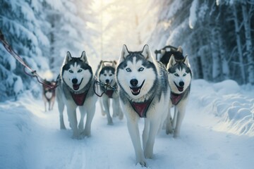 A group of Huskies pulling a sled through a winter wonderland