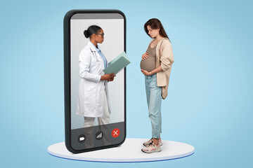 Unhappy black doctor consults pregnant patient consultation at worried pregnancy at big smartphone