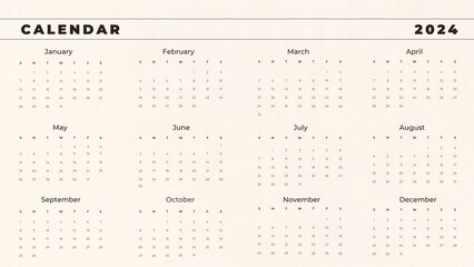 Beige horizontal calendar for 2024. minimalistic 2024 Calendar