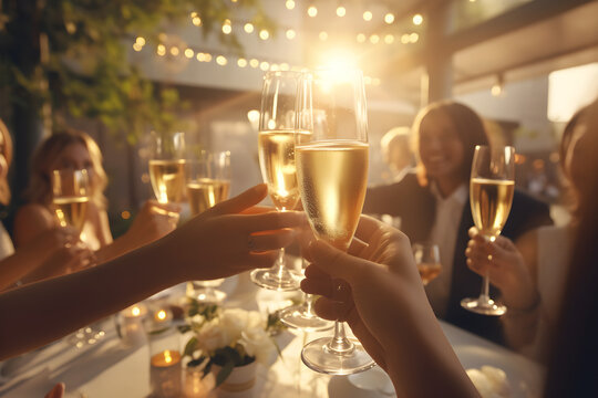 Close-Up von H&auml;nden mit Sektgl&auml;sern beim Zuprosten auf Feier, erstellt mit generativer KI