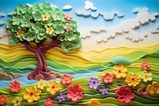 plasticine cartoon landscape with trees, river and flowers
