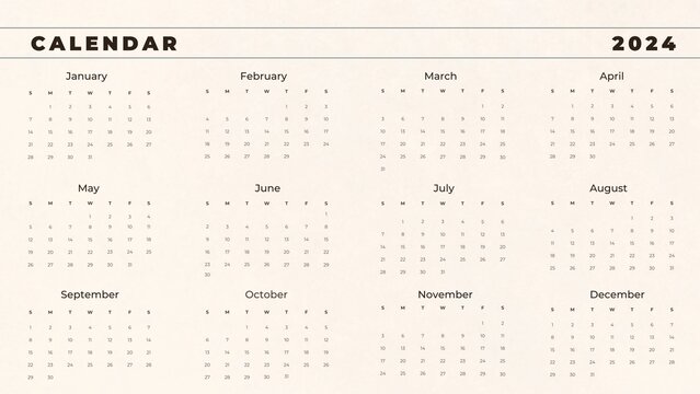 Beige horizontal calendar for 2024. minimalistic 2024 Calendar