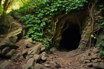 A hidden cave mouth in a ravine wall overgrown with vines and ivy