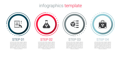 Set Radioactive waste in barrel, Test tube radiation, and Radiation nuclear suitcase. Business infographic template. Vector