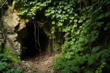 A hidden cave mouth in a ravine wall overgrown with vines and ivy - obrazy, fototapety, plakaty