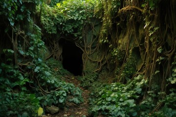 A hidden cave mouth in a ravine wall overgrown with vines and ivy