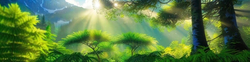 Obraz premium Painting banner in spring in green forest, background for your design