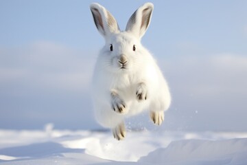 Arctic hare in mid-leap, snowy terrain