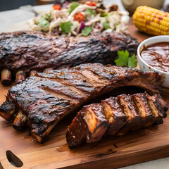 Grilled spare ribs with corn salad and sauce on wooden cutting board