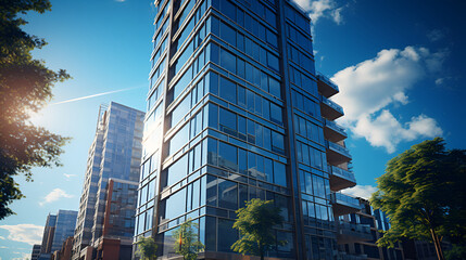 Advanced futuristic energy in cityscapes, modern skyscrapers made of glass and metal in the bright rays of the sun, comfortable life in a large metropolis