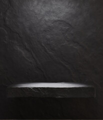 Stone podium for display product. Stone shelf at black wall background