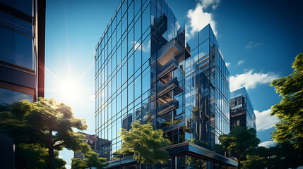 The top of a modern office building made of glass and metal with many large panoramic windows in a vertical close-up view. Commercial real estate in modern urban architecture.