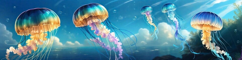 Abstract banner jellyfish in the ocean, background for your design