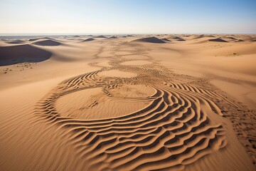 An intricate labyrinth of animal tracks crisscrossing a single pristine sand dune