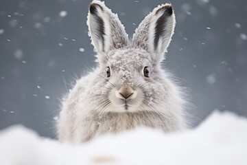 A lone Arctic hare in a snowstorm, eyes sharply focused on something off-frame