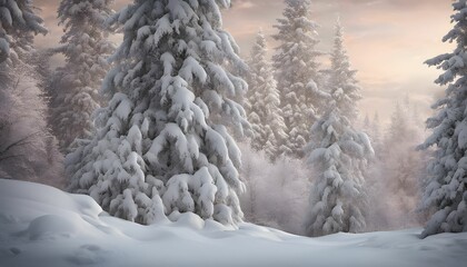 The trees, adorned with a dusting of snow on their branches, stand tall and silent, creating a breathtaking sight