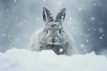 A lone Arctic hare in a snowstorm, eyes sharply focused on something off-frame