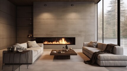 Minimalist interior style of modern living room with sofa, fireplace and concrete walls
