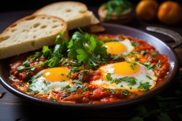 Traditional shakshuka with eggs, tomato and parsley in a iron pan. Israeli food - obrazy, fototapety, plakaty