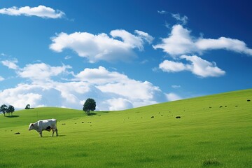 A little cow grazing in a vibrant green field
