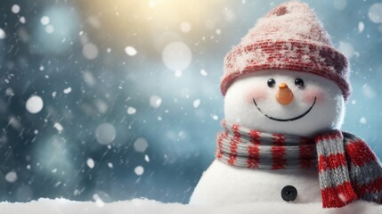 Cute snowman with scarf and hat outside the window. Winter holiday christmas greeting card concept