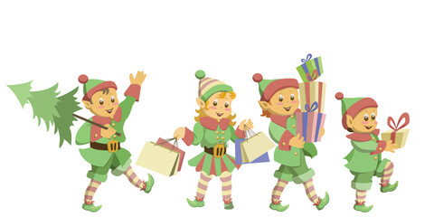 The elves come with gifts and a Christmas tree. Vector illustration.