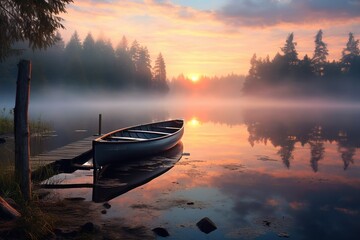 A lone canoe tethered to a rustic wooden dock at dawn, mist rising off the lake - obrazy, fototapety, plakaty