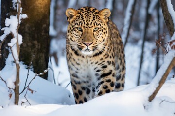 Amur Leopard in a snowy habitat in Russia