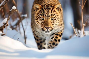 Amur Leopard in a snowy habitat in Russia