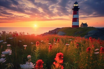 A lighthouse in the distance with a field of blooming wildflowers in the foreground at dusk - Powered by Adobe