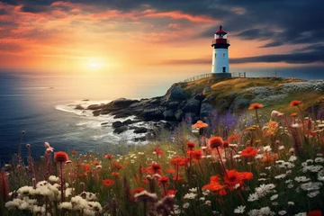 Zelfklevend Fotobehang A lighthouse in the distance with a field of blooming wildflowers in the foreground at dusk © Dan